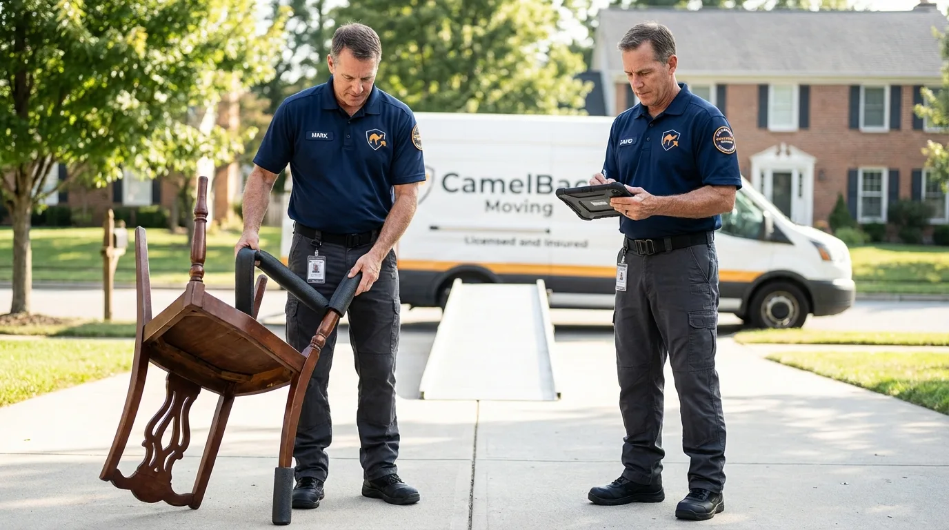 Movers inspecting furniture for damage prevention before loading in Tsaile, AZ